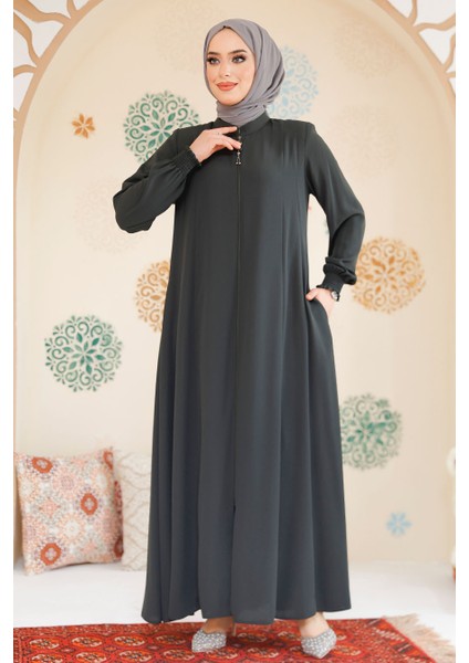 Fermuarlı Haki Tesettür Ferace 45294HK fiyatları