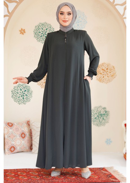 Fermuarlı Haki Tesettür Ferace 45294HK modelleri