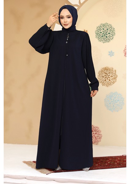 Pile Detaylı Lacivert Tesettür Abaya 45296L