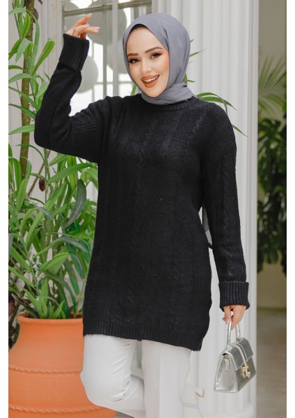 Örgü Desenli Siyah Tesettür Tunik Kazak 20051S