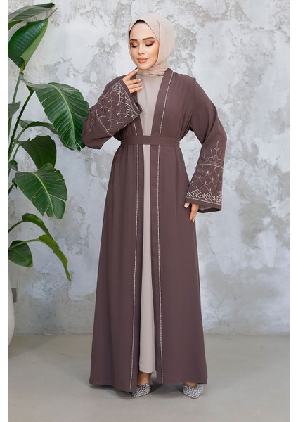 Nakış Desenli Kahverengi Tesettür Abaya Takım 29126KH