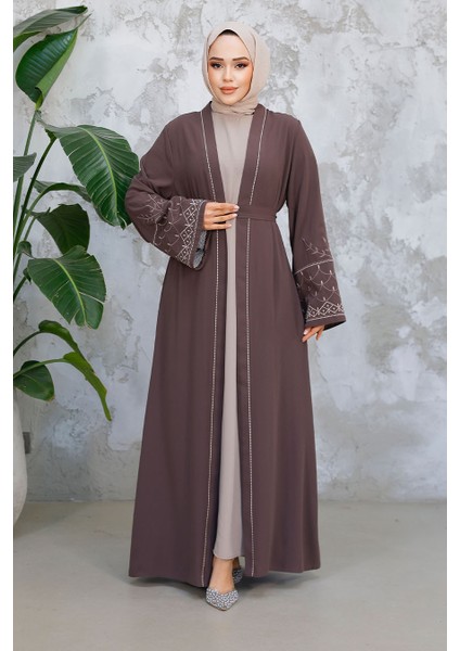 Nakış Desenli Kahverengi Tesettür Abaya Takım 29126KH fiyatları