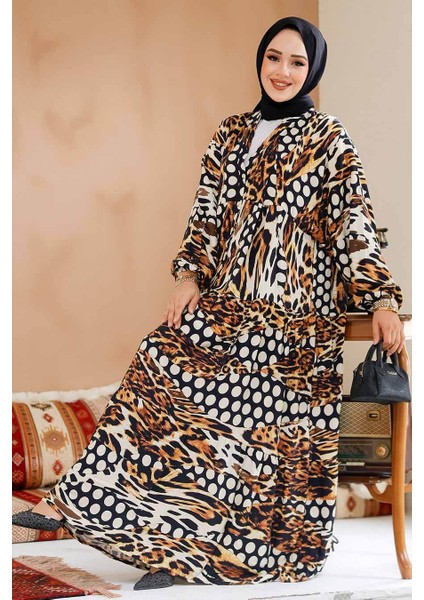 Leopar Desenli Tesettür Elbise 23041LP