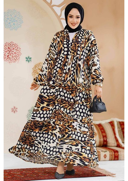 Leopar Desenli Tesettür Elbise 23041LP