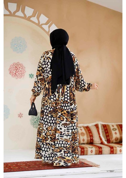 Leopar Desenli Tesettür Elbise 23041LP