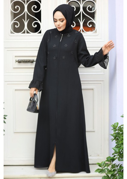 Boncuk Işlemeli Siyah Tesettür Abaya 520090S