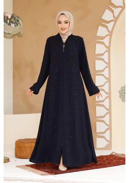 Boncuk Işlemeli Lacivert Tesettür Ferace 29127L