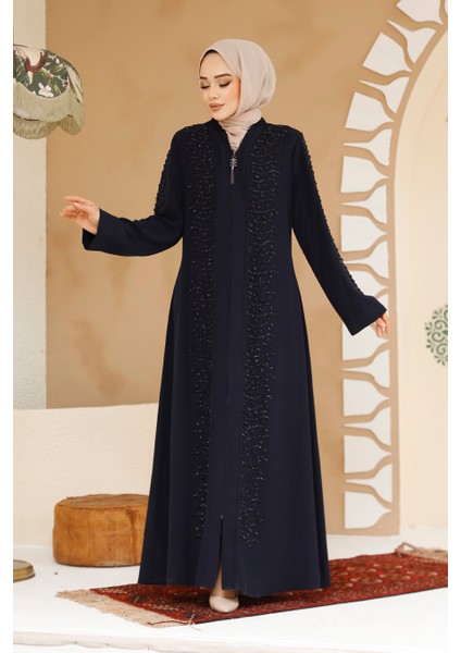 Boncuk Işlemeli Lacivert Tesettür Ferace 29127L modelleri