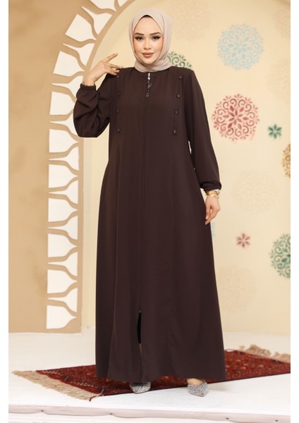 Düğme Detaylı Kahverengi Tesettür Abaya 45304KH