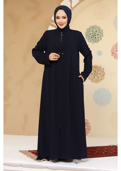 Fermuarlı Lacivert Tesettür Abaya 45298L