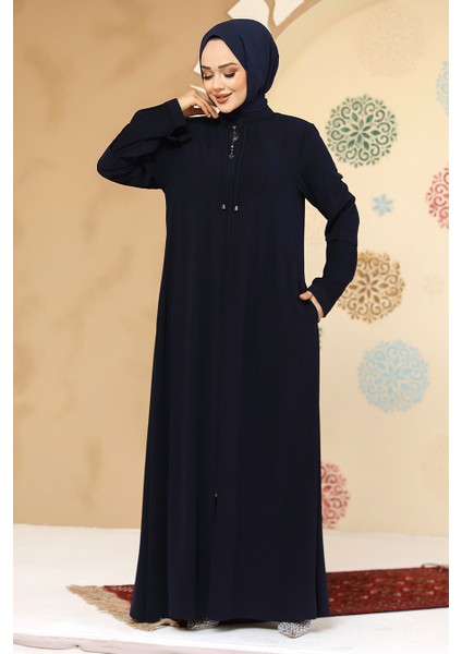 Fermuarlı Lacivert Tesettür Abaya 45298L