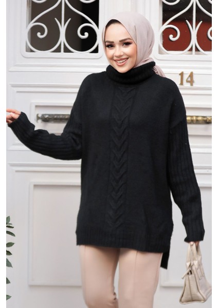 Desenli Siyah Tesettür Triko Tunik Kazak 20441S modelleri