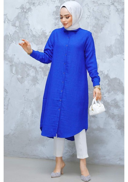 Düğmeli Sax Mavisi Tesettür Tunik 10784SX