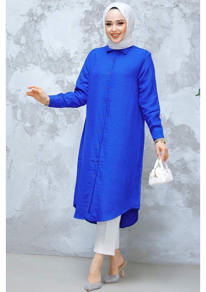 Düğmeli Sax Mavisi Tesettür Tunik 10784SX modelleri