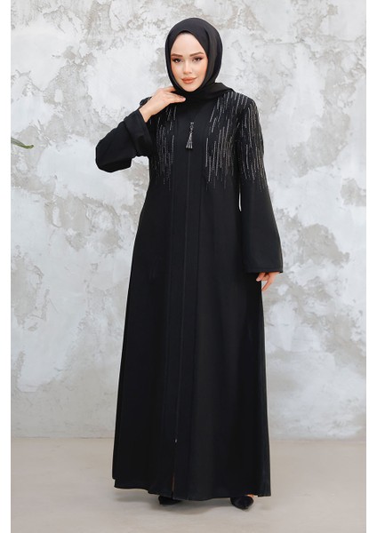Desenli Siyah Tesettür Abaya 15079S