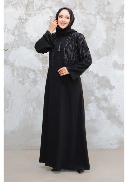 Desenli Siyah Tesettür Abaya 15079S