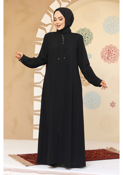 Fermuarlı Siyah Tesettür Abaya 45298S
