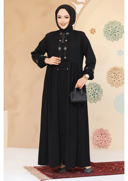 Boncuk Detaylı Siyah Tesettür Abaya 45305S
