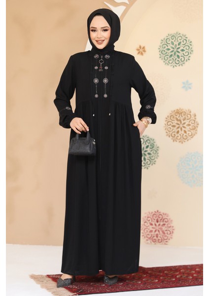 Boncuk Detaylı Siyah Tesettür Abaya 45305S