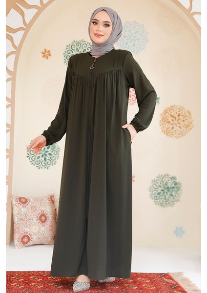 Fermuarlı Haki Tesettür Ferace 45285HK