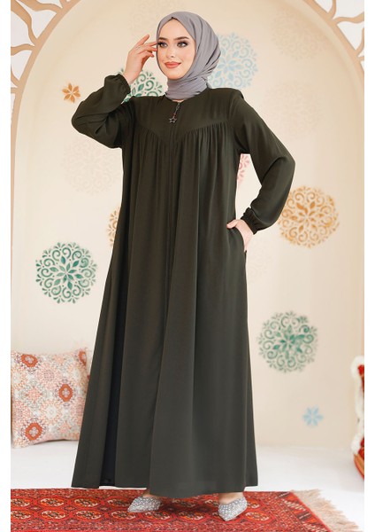 Fermuarlı Haki Tesettür Ferace 45285HK