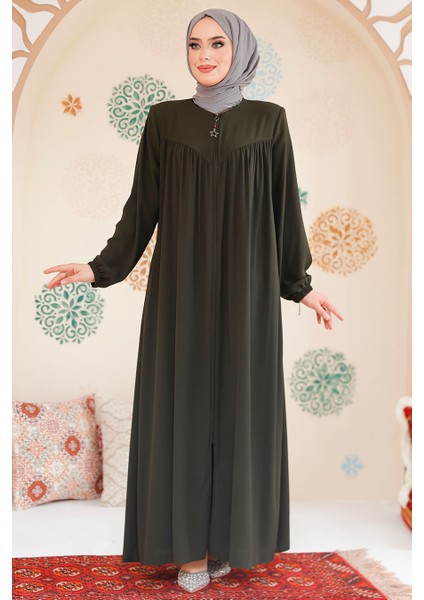 Fermuarlı Haki Tesettür Ferace 45285HK