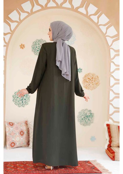 Fermuarlı Haki Tesettür Ferace 45285HK