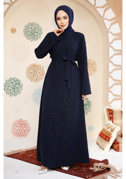 Boncuk Işlemeli Lacivert Tesettür Abaya 29118L
