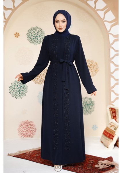 Boncuk Işlemeli Lacivert Tesettür Abaya 29118L fiyatları