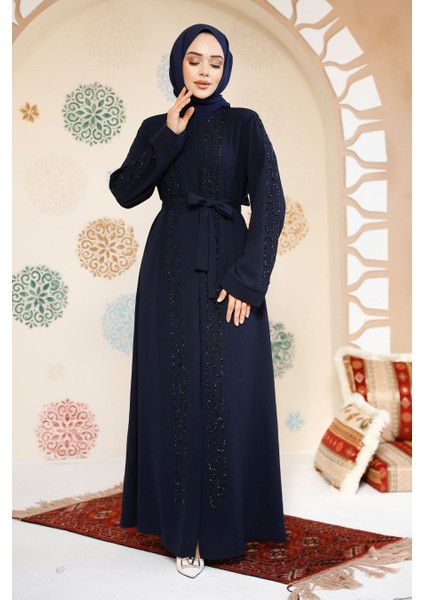 Boncuk Işlemeli Lacivert Tesettür Abaya 29118L fırsatları