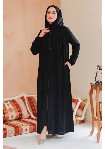 Fermuarlı Siyah Tesettür Ferace 45290S