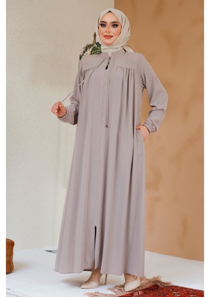 Fermuarlı Bej Tesettür Ferace 45290BEJ