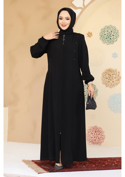 Düğme Detaylı Siyah Tesettür Abaya 45304S