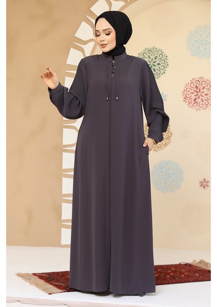 Pile Detaylı Füme Tesettür Abaya 45296FU
