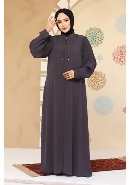 Pile Detaylı Füme Tesettür Abaya 45296FU
