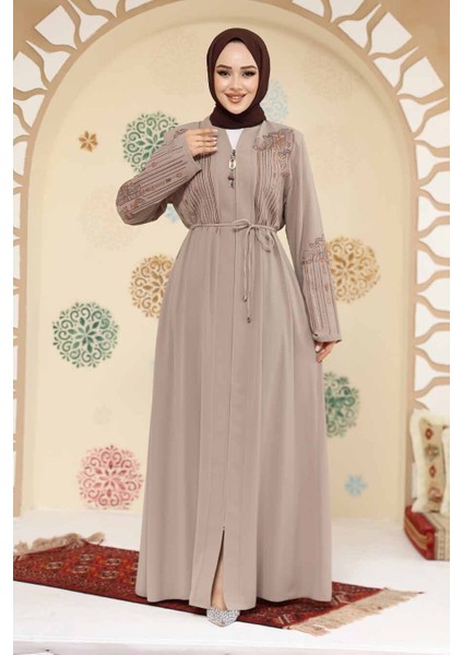 Desenli Bej Tesettür Abaya 45302BEJ