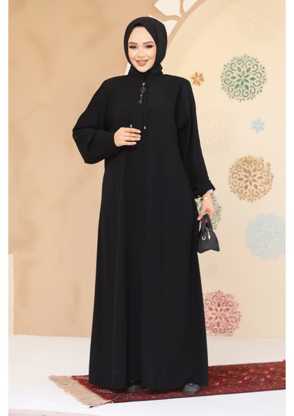 Pile Detaylı Siyah Tesettür Abaya 45296S