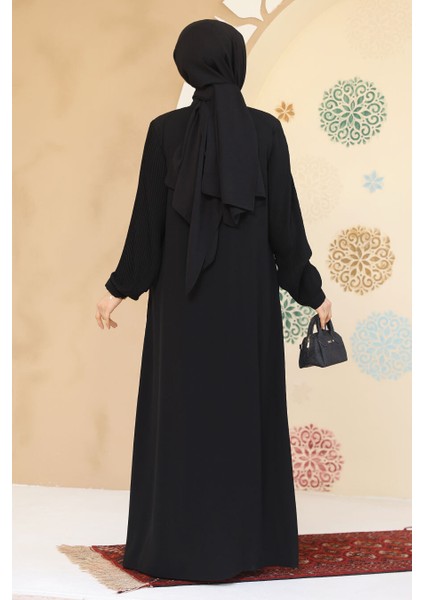 Pile Detaylı Siyah Tesettür Abaya 45296S