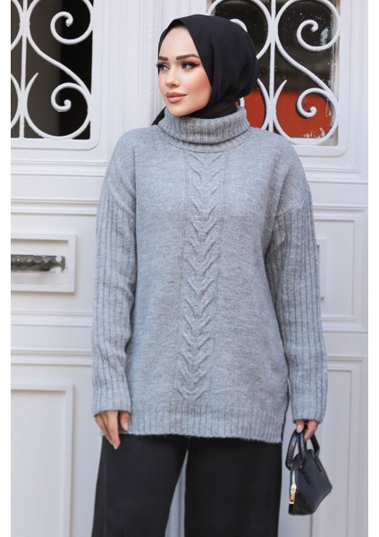 Desenli Gri Tesettür Triko Tunik Kazak 20441GR