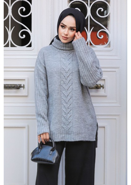 Desenli Gri Tesettür Triko Tunik Kazak 20441GR fiyatları