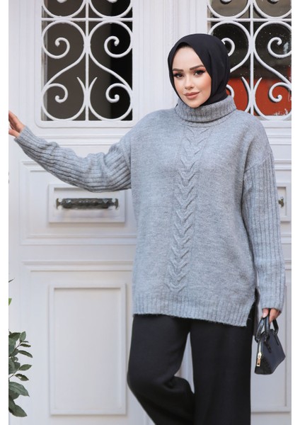 Desenli Gri Tesettür Triko Tunik Kazak 20441GR modelleri