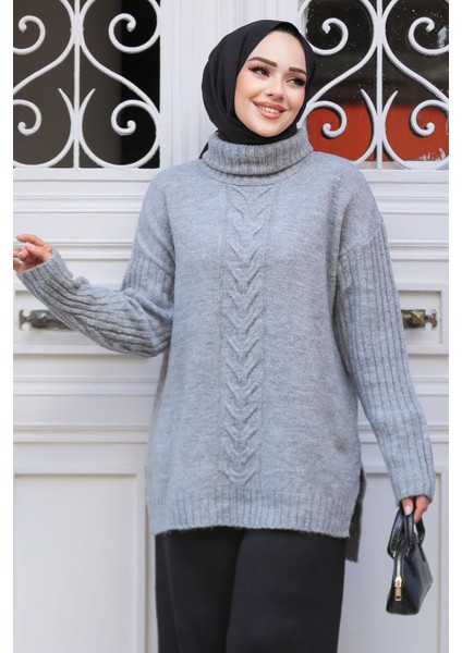 Desenli Gri Tesettür Triko Tunik Kazak 20441GR fırsatları