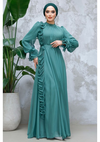 Fırfır Detaylı Yeşil Tesettür Abiye Elbise 48571Y