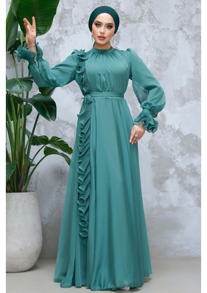 Fırfır Detaylı Yeşil Tesettür Abiye Elbise 48571Y fiyatları