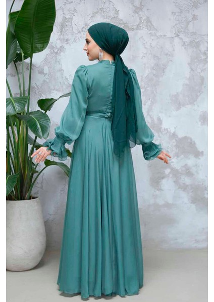 Fırfır Detaylı Yeşil Tesettür Abiye Elbise 48571Y modelleri