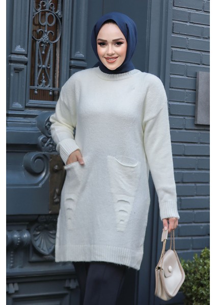 Cepli Ekru Tesettür Triko Tunik Kazak 20035E