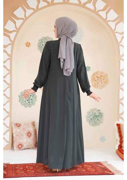 Fermuarlı Haki Tesettür Ferace 45294HK