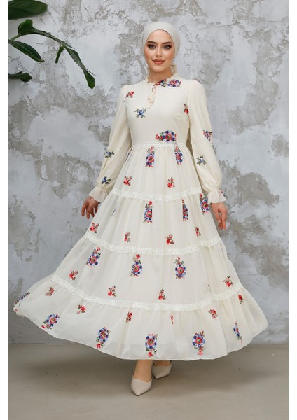 Çiçek Desenli Ekru Tesettür Elbise 32816E