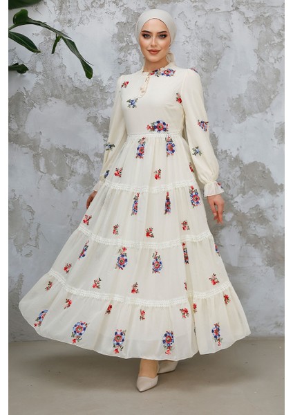 Çiçek Desenli Ekru Tesettür Elbise 32816E fiyatları