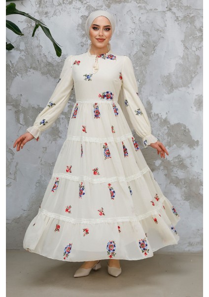 Çiçek Desenli Ekru Tesettür Elbise 32816E modelleri